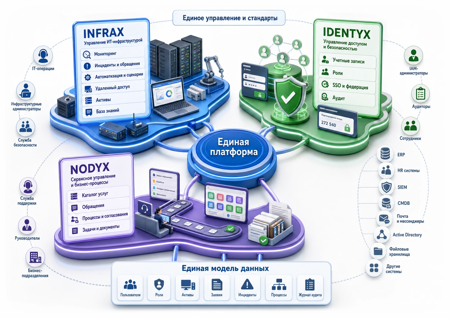 INFRAX, IDENTYX и NODYX связаны через единую платформу и общую модель данных